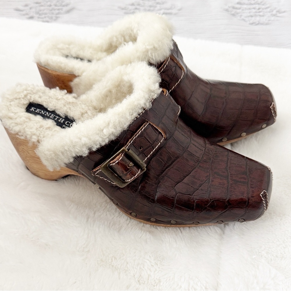 Kenneth Cole Y2K Brown Leather Wood Mules Clogs Heels Wedge Shoes Sz 6